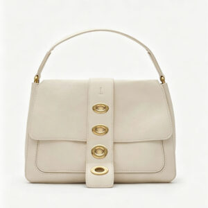 Front of Vegan Leather Flap Shoulder Bag with Gold Eyelet Strap Y195 Offwhite