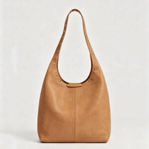 Front of Vegan Leather Large Hobo Bag with Eyelets Strap Y107 Brown