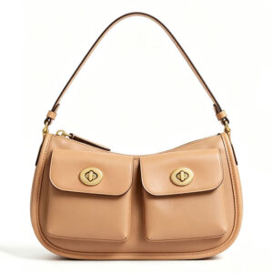 Front of Vegan Leather Shoulder Bag with Front Pockets&Turn Lock Y200 Tan
