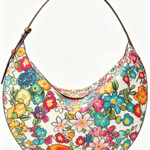 Front of Vibrant Floral Print Canvas Hobo Bag Leather Trim Shoulder Purse