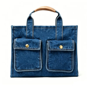 Front of Vintage Denim Tote Bag with Dual Front Pockets Dark Blue