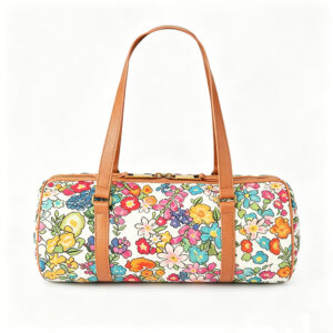 Front of Vintage Floral Print Canvas Barrel Shoulder Bag with Leather Trim Brown