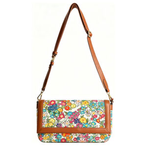 Front of Vintage Floral Print Canvas Flap Crossbody Bag with Leather Trim Brown