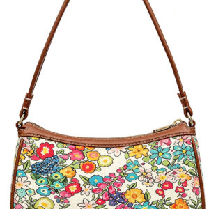 Front of Vintage Floral Print Canvas Small Shoulder Bag with Leather Trim