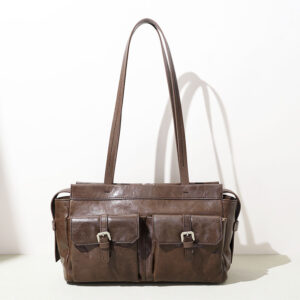 Front of Vintage Full Grain Leather Shoulder Bag with buckle Pockets XL670