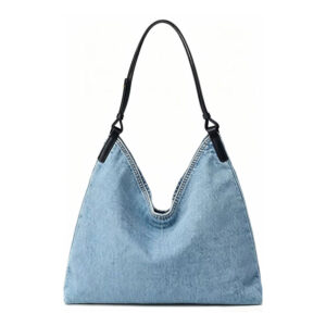 Front of Vintage Wash Denim Hobo Bag with Vegan Leather Strap Y219 Blue