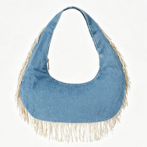 Front of Washed Denim Hobo Bag Around with Fringe Y221 Blue