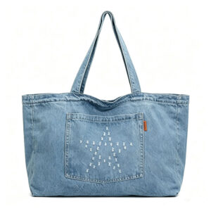 Front of Washed Denim Large Tote Bag with Star Embroidery Pocket Y133 Blue