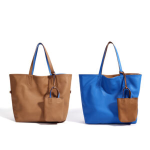 Women’s Reversible Calfskin Leather Tote Bag with Mini Pouch