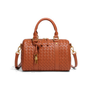 Front of Woven Vegan Leather Barrel Boston Bag XL214 Cognac