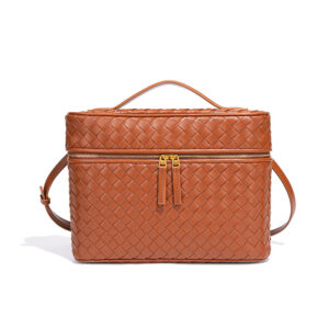Front of Woven Vegan Leather Box Bag with Top Handle Y216 Brown